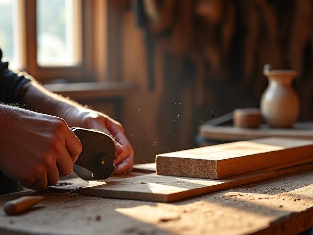 Artisan ébéniste travaillant le bois avec dévouement dans son atelier lumineux